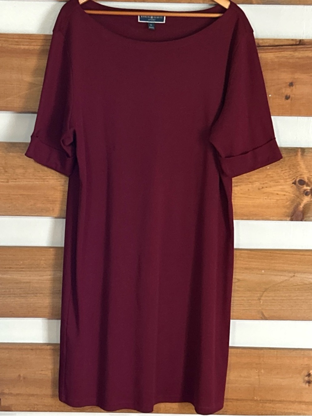 Karen Scott Sport Short Sleeve Boat Neck Shift Dress Burgundy Women's Size XL